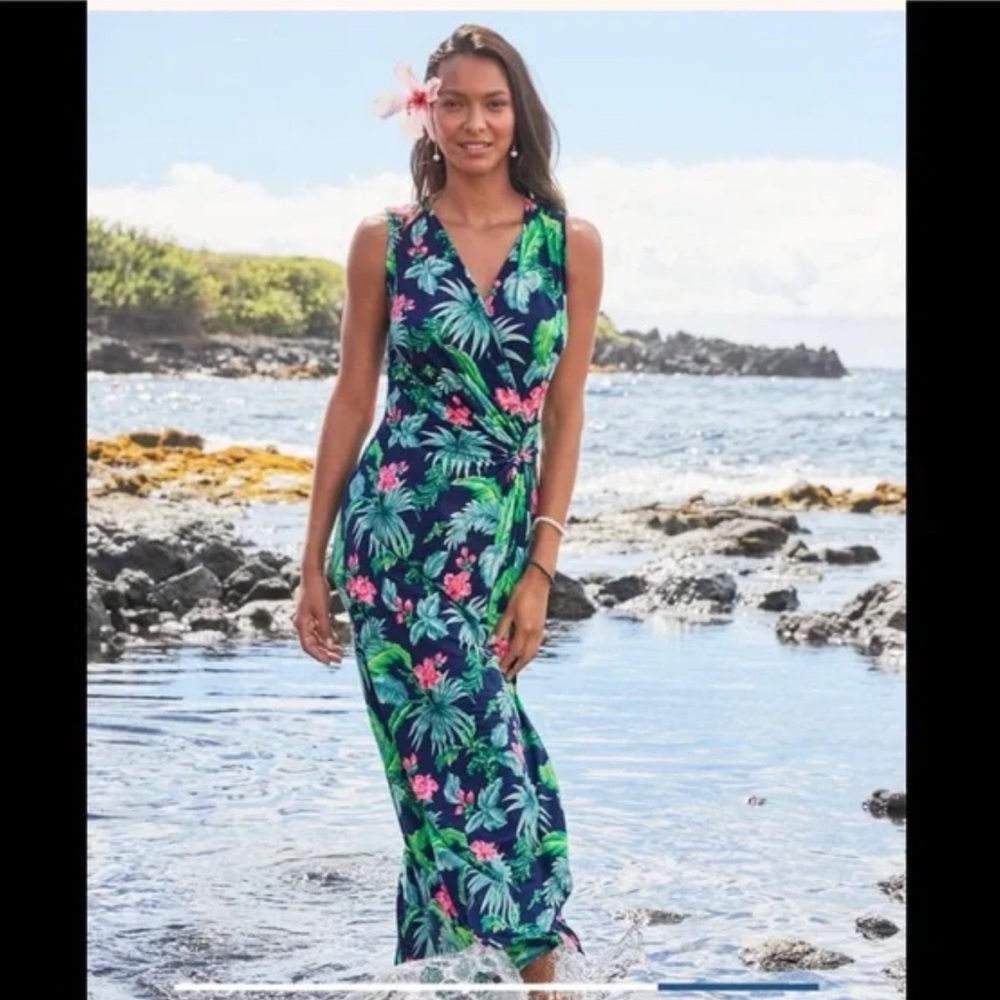 NWT Tommy Bahama Clara Floral Isle Faux wrap dress, size medium, navy